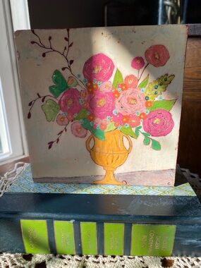 Little Studio Hand-Painted Pink Floral Bouquet in Yellow Vase Wooden Art EUC